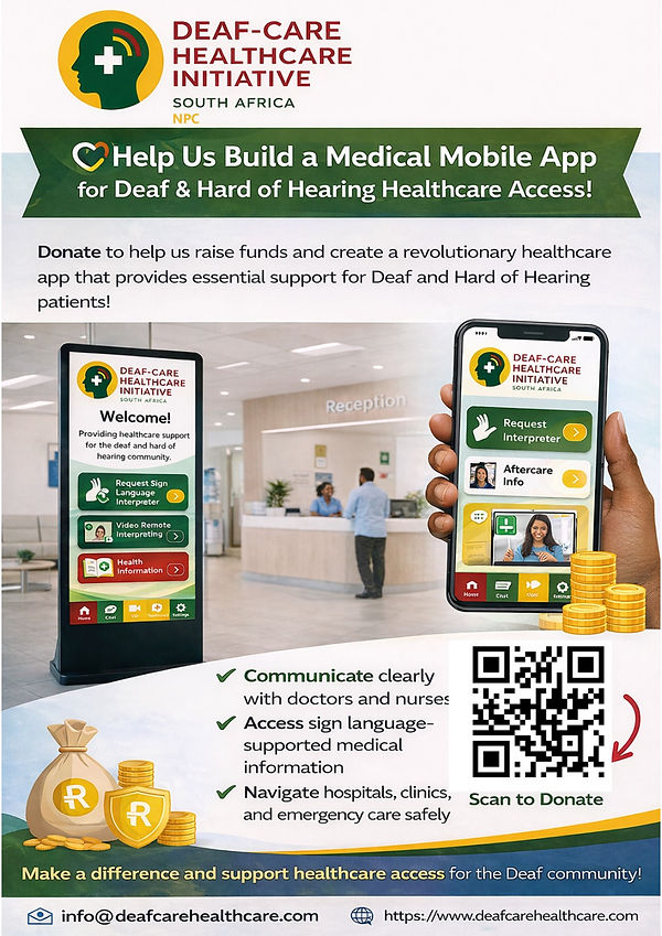 DCHI campaign poster: Help us build a medical mobile app for Deaf and Hard of Hearing healthcare access. Includes a QR code to scan and donate.