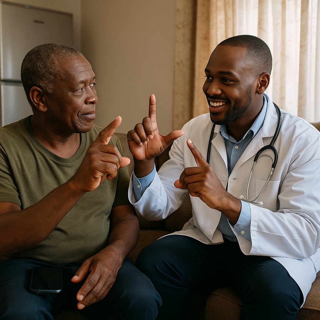 A clinician communicating in sign language with a Deaf patient